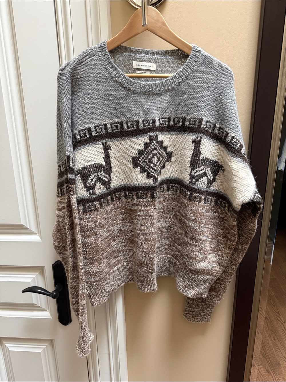 Isabel Marant Gray, Cream & Brown Patterned Crewneck Sweater